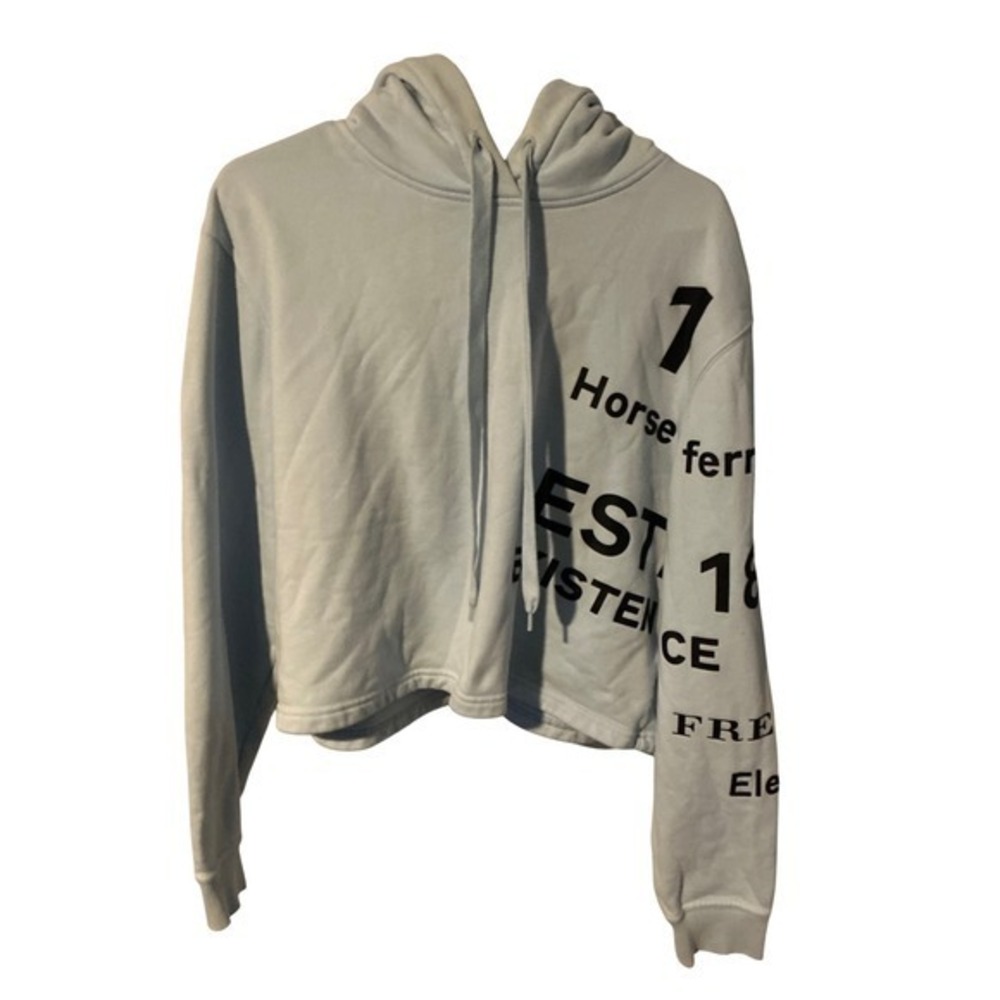 Burberry Horseferry Print Cropped Hoodie Pale Blue Cotton Sweatshirt Womens L - Picture 2 of 5